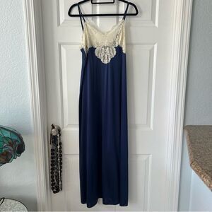 Vintage 80s Satin and Lace Sabrina Nightgown Size Medium Navy